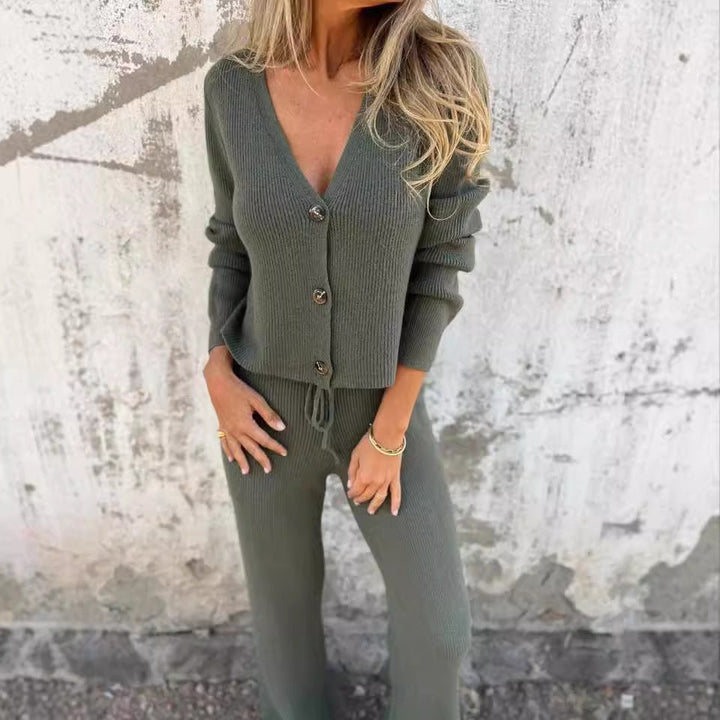 Carrington | Womens Casual Knit Co Ord Set With Ribbed Cardigan and Drawstring Trousers