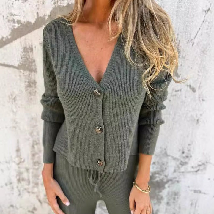 Carrington | Womens Casual Knit Co Ord Set With Ribbed Cardigan and Drawstring Trousers