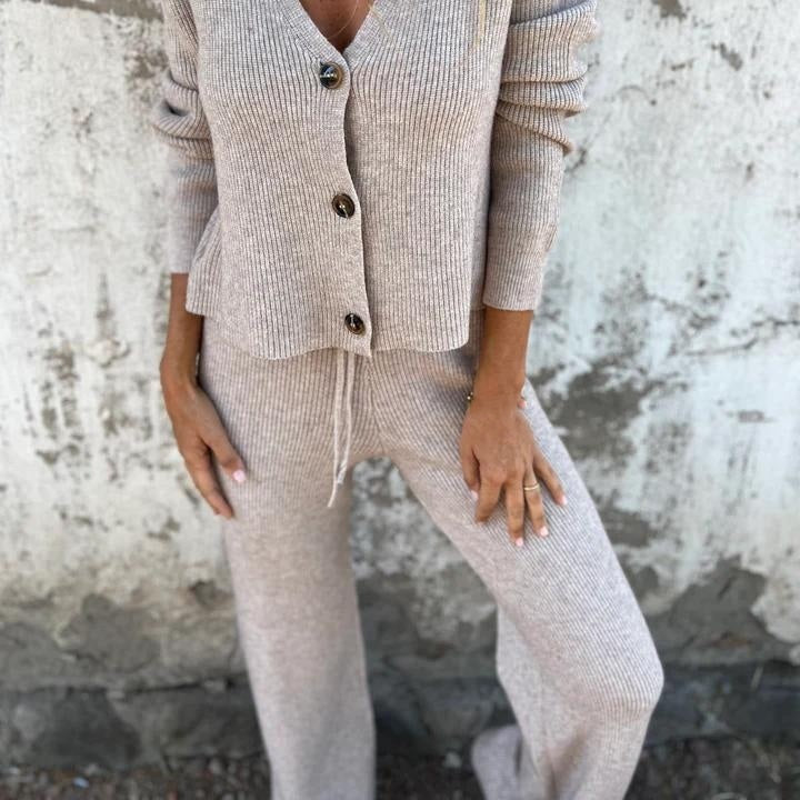 Carrington | Womens Casual Knit Co Ord Set With Ribbed Cardigan and Drawstring Trousers