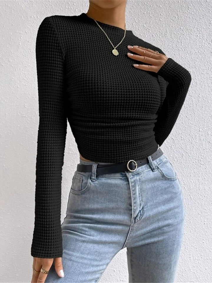 Alayna | Womens Waffle Texture Long Sleeve High Neck Top