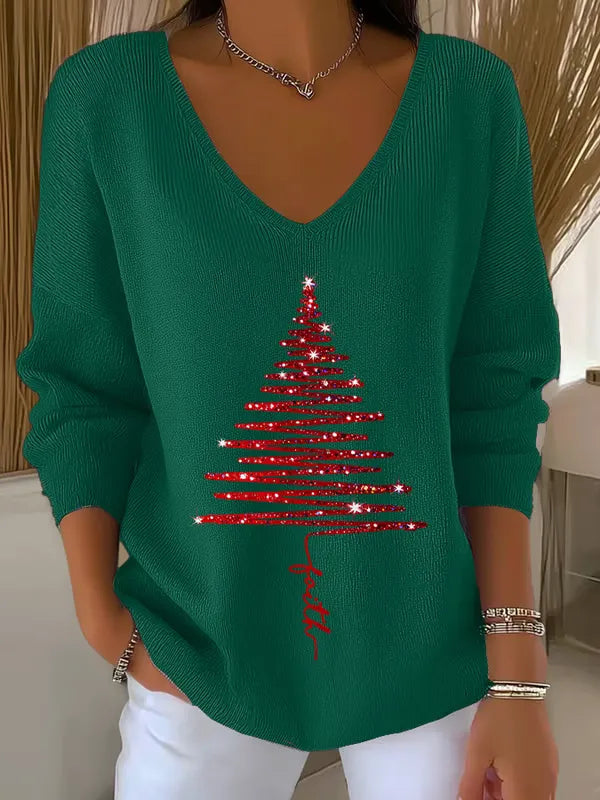 Woman wearing festive V-neck Christmas sweater with holiday print