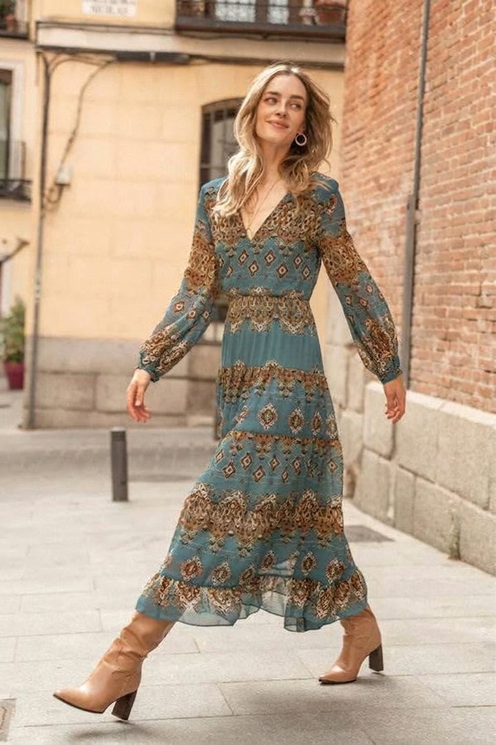 Mette | Women's Blue Chiffon Boho Medallion Puff Sleeve Tiered Dress
