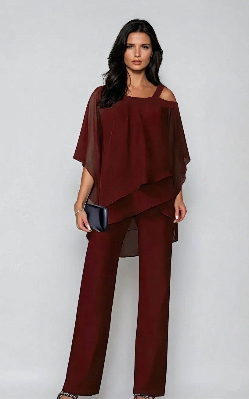 Aria | Women's Chiffon Cold-Shoulder Asymmetric Top & Straight-Leg Pants Set