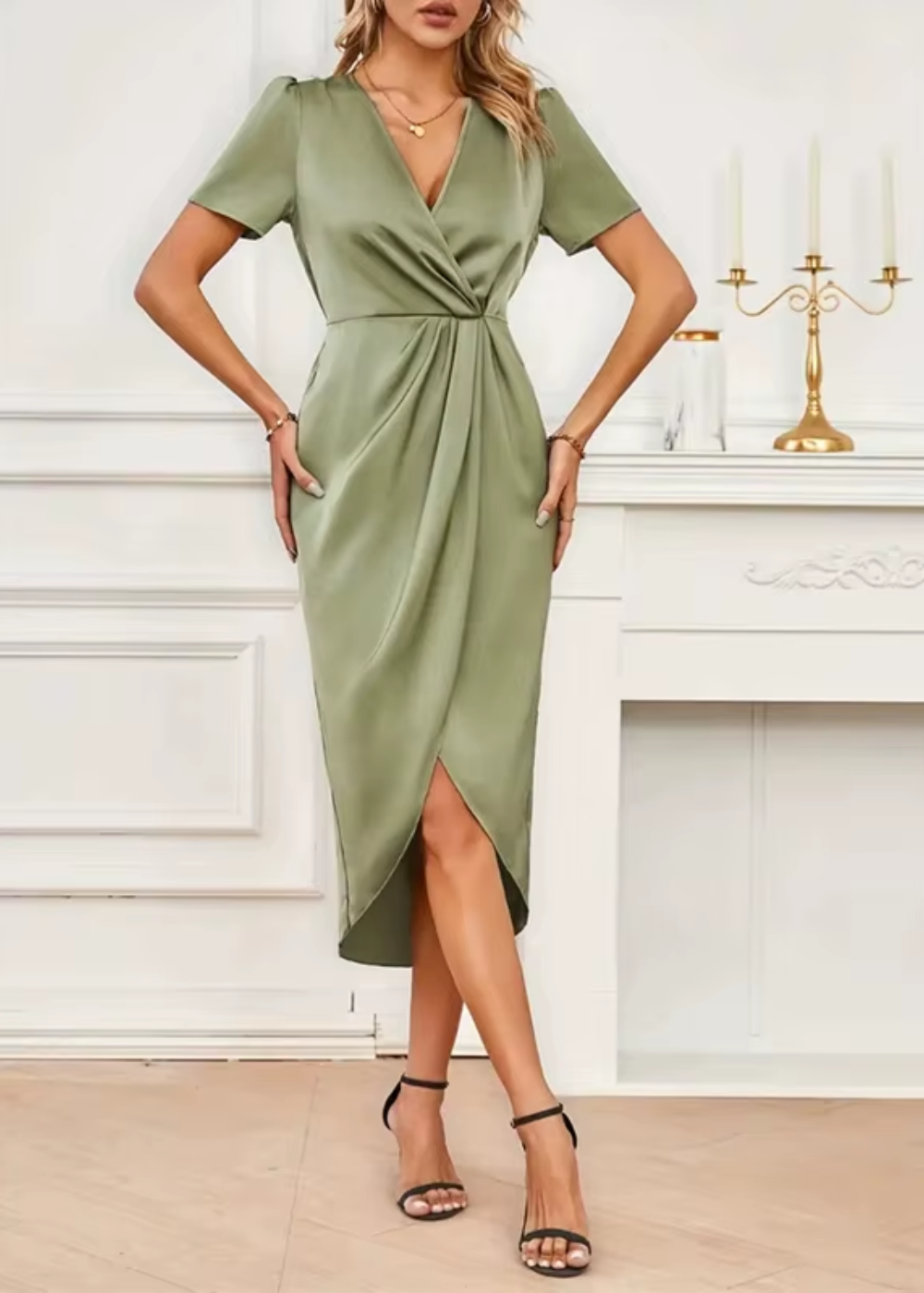 Genevra | Women's Satin V-Neck Short Sleeve Wrap Hi-Low Midi Dress Carol & Margaret Wilmington