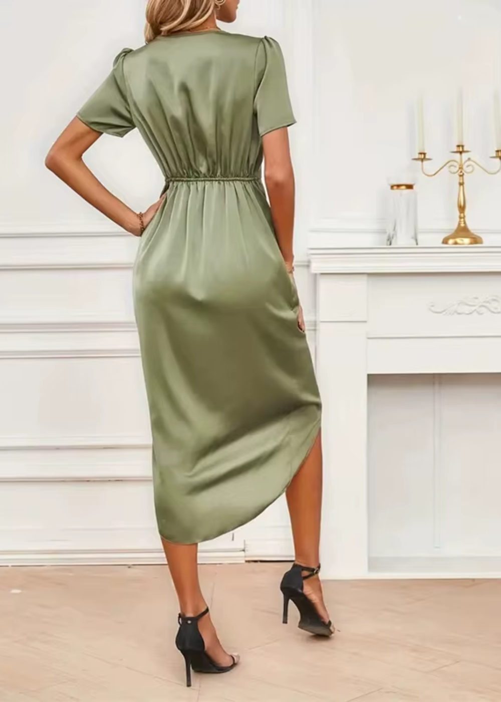 Genevra | Women's Satin V-Neck Short Sleeve Wrap Hi-Low Midi Dress Carol & Margaret Wilmington