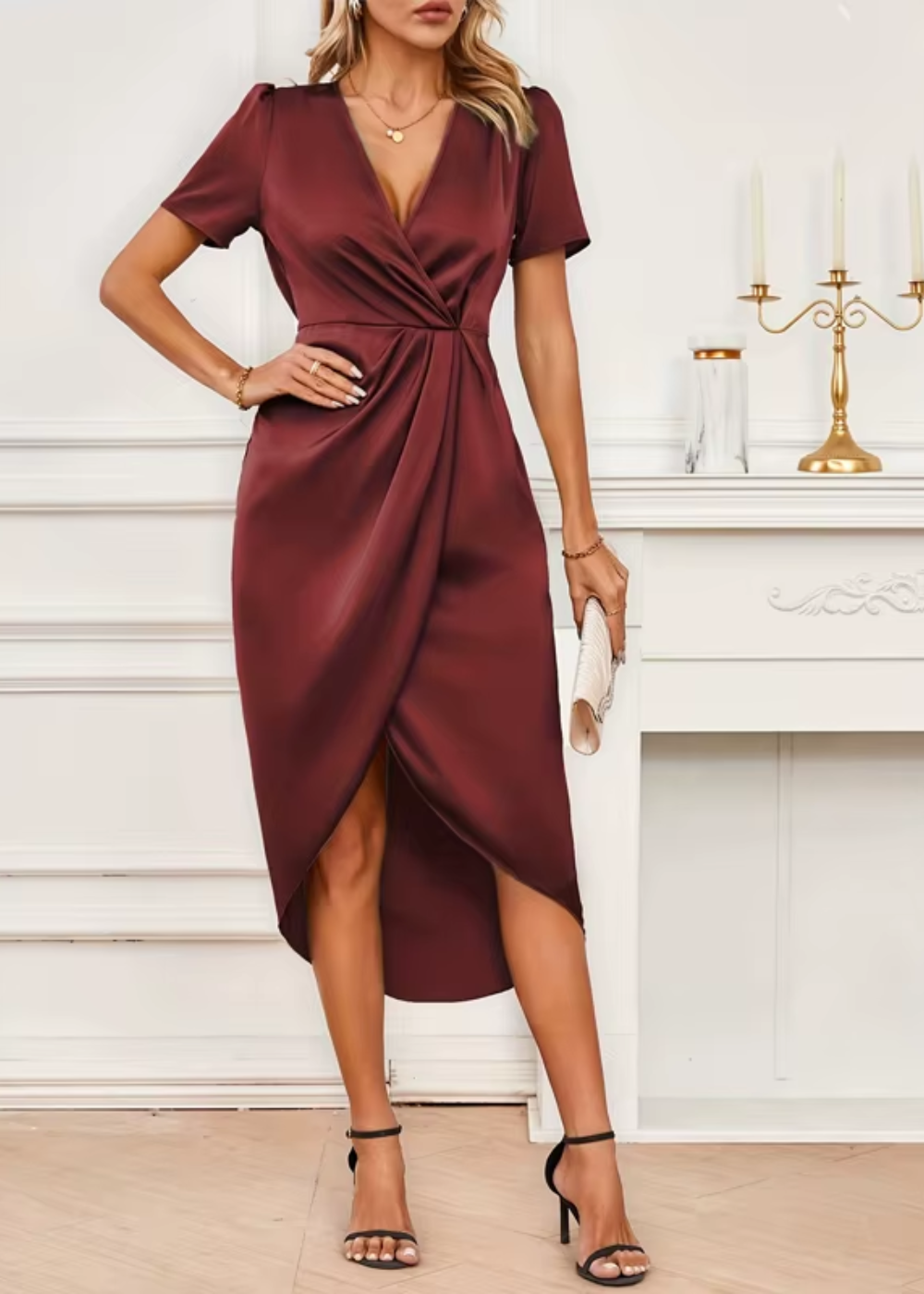 Genevra | Women's Satin V-Neck Short Sleeve Wrap Hi-Low Midi Dress Carol & Margaret Wilmington
