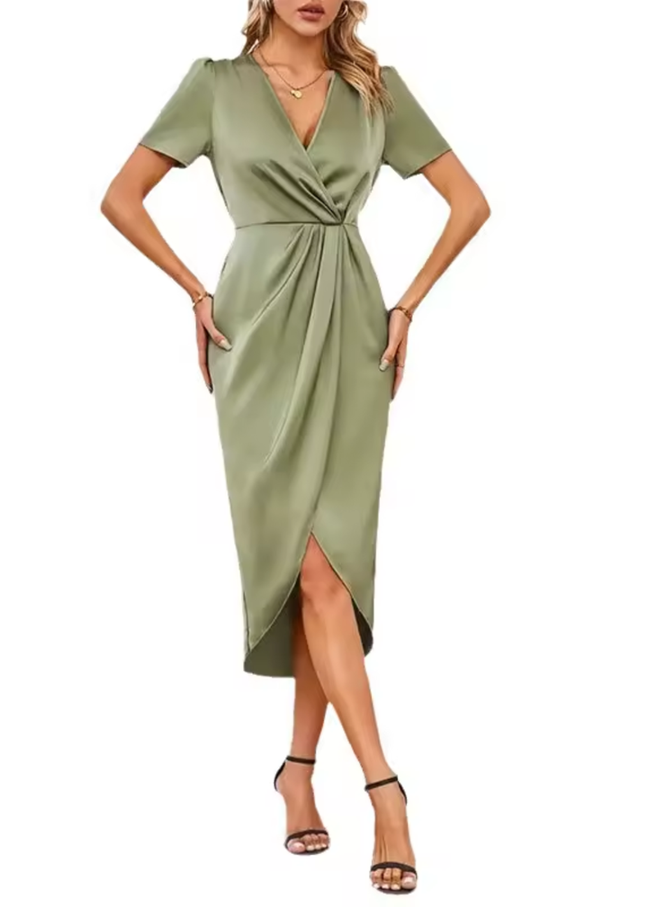Genevra | Women's Satin V-Neck Short Sleeve Wrap Hi-Low Midi Dress Carol & Margaret Wilmington