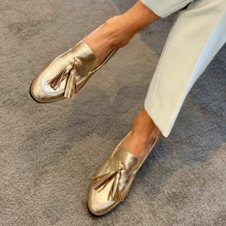 Goldie | Women's Gold Leather Metallic Tassel Slip-On Loafers Carol & Margaret Wilmington