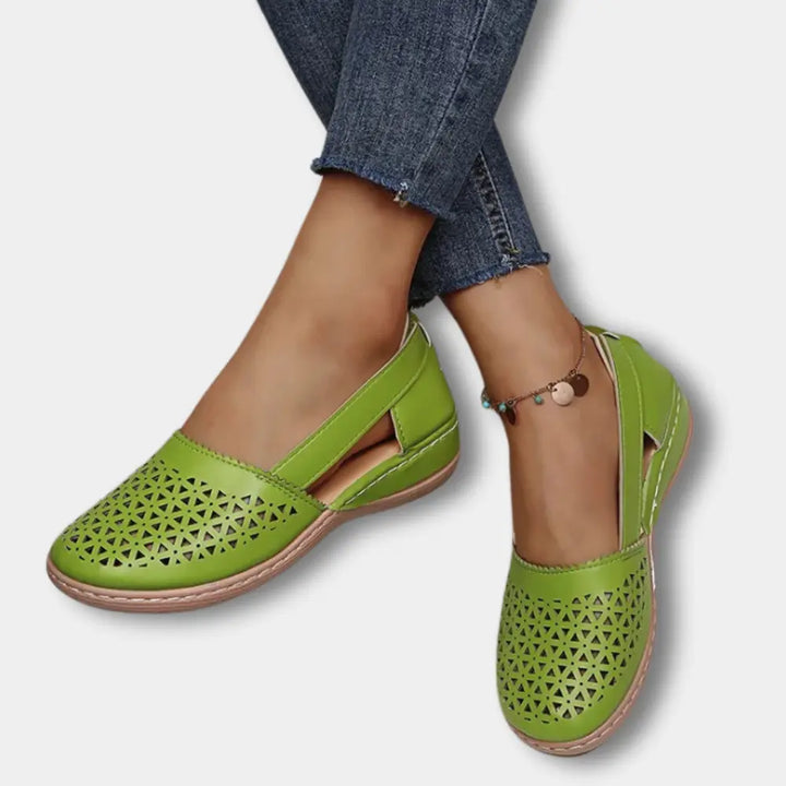 Doreen | Womens Perforated Cutout Ballerinas With Strap Detail