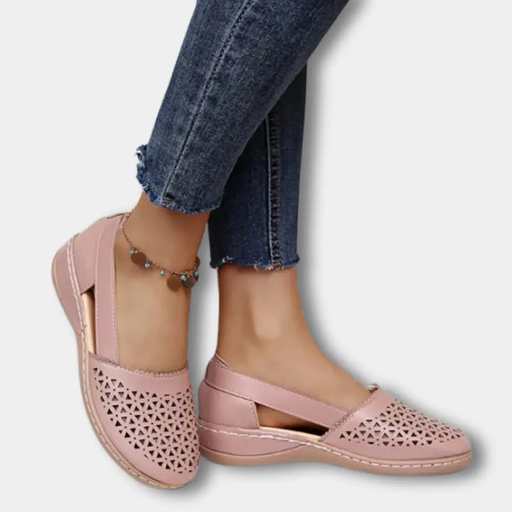 Doreen | Womens Perforated Cutout Ballerinas With Strap Detail
