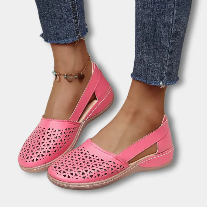 Doreen | Womens Perforated Cutout Ballerinas With Strap Detail