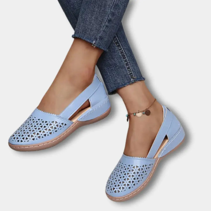 Doreen | Womens Perforated Cutout Ballerinas With Strap Detail