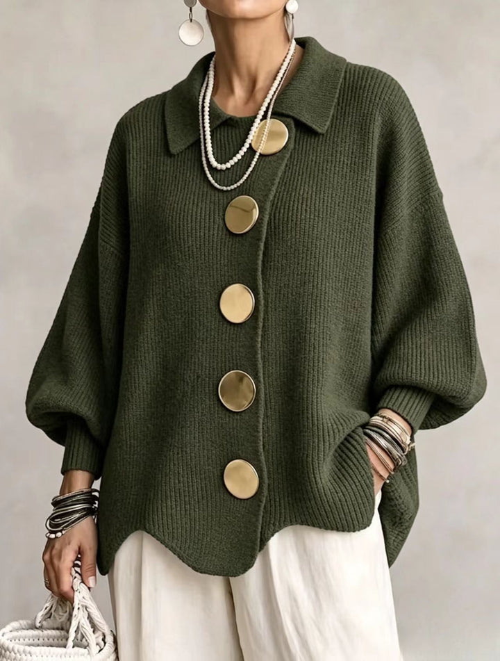 Woman wearing oversized cardigan with lantern sleeves