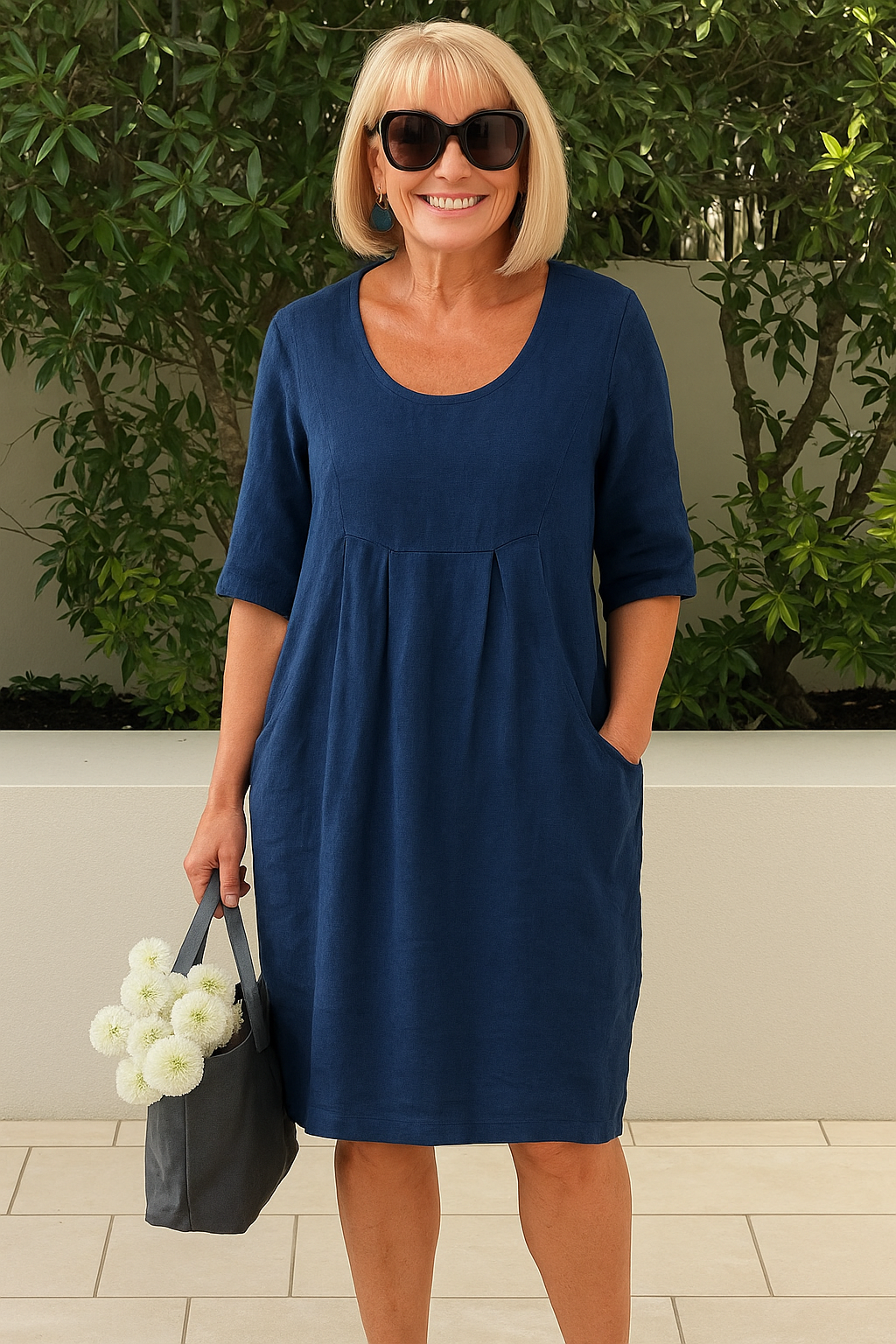 Greer | Women's Linen Pleated Bust Pocket Midi Dress Carol & Margaret Wilmington