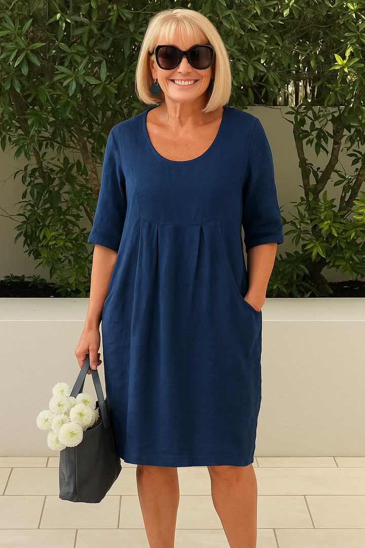 Greer | Women's Linen Pleated Bust Pocket Midi Dress Carol & Margaret Wilmington