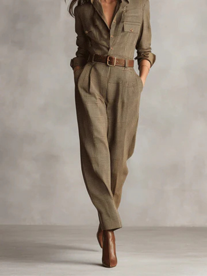 Hadley | Women's Brown Wool Collared Long-Sleeve Belted Utility Jumpsuit Carol & Margaret Wilmington