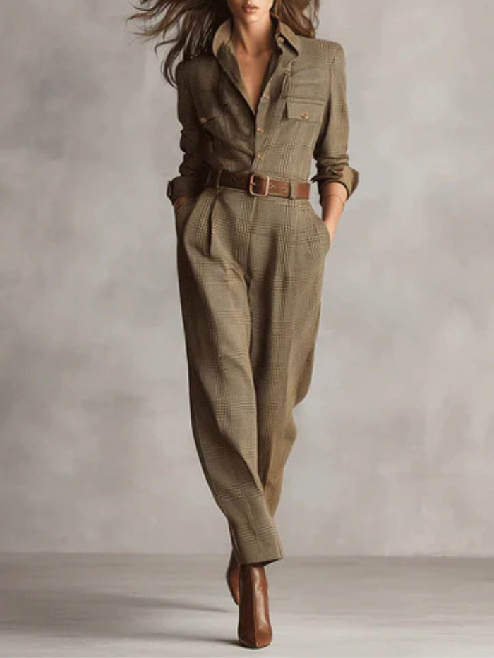 Hadley | Women's Brown Wool Collared Long-Sleeve Belted Utility Jumpsuit Carol & Margaret Wilmington