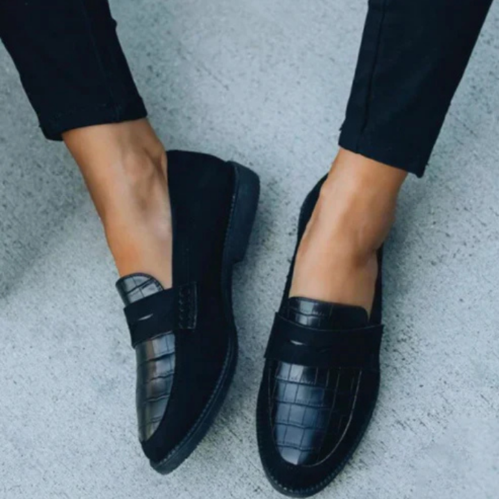 Harlow | Women's Black Leather Croc-Embossed Penny Loafers Carol & Margaret Wilmington