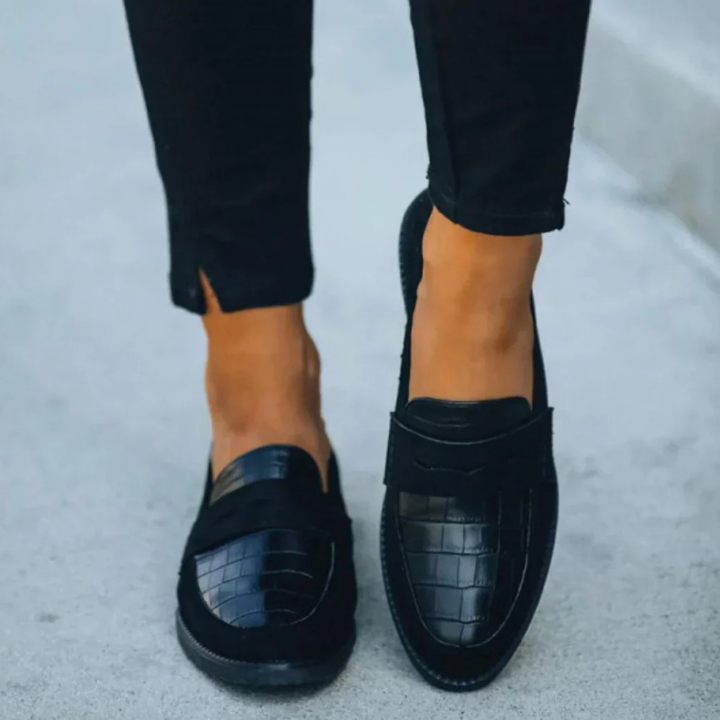 Harlow | Women's Black Leather Croc-Embossed Penny Loafers Carol & Margaret Wilmington