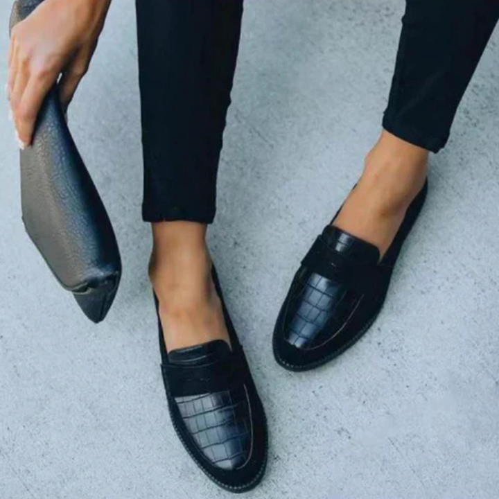 Harlow | Women's Black Leather Croc-Embossed Penny Loafers Carol & Margaret Wilmington