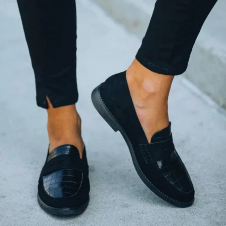 Harlow | Women's Black Leather Croc-Embossed Penny Loafers Carol & Margaret Wilmington