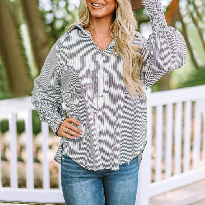 Harlow | Women's Cotton Striped Smocked Sleeve Button-Down Blouse Carol & Margaret Wilmington