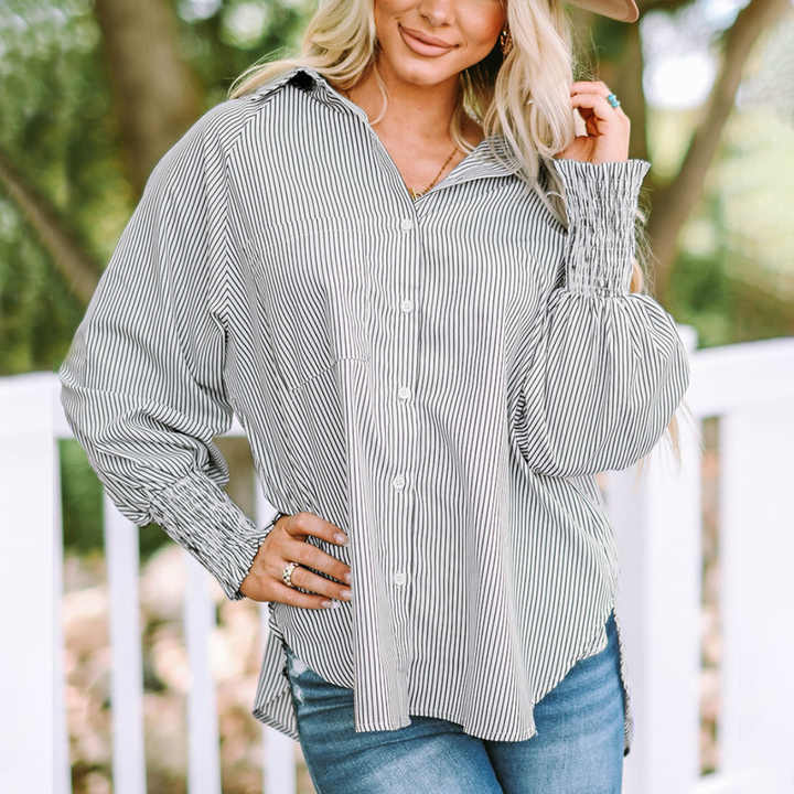 Harlow | Women's Cotton Striped Smocked Sleeve Button-Down Blouse Carol & Margaret Wilmington