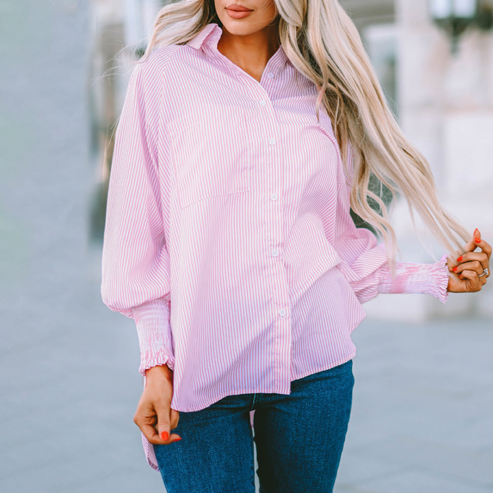 Harlow | Women's Cotton Striped Smocked Sleeve Button-Down Blouse Carol & Margaret Wilmington