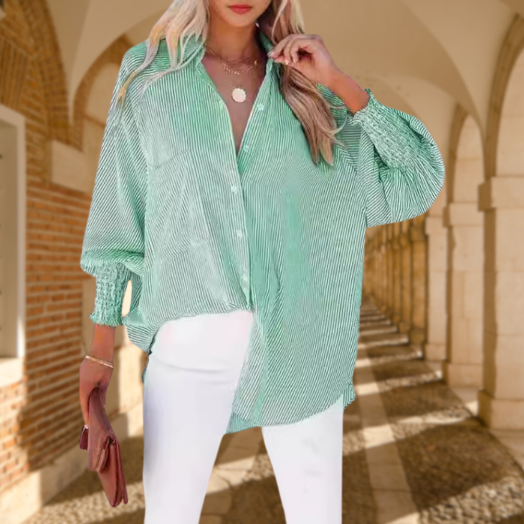 Harlow | Women's Cotton Striped Smocked Sleeve Button-Down Blouse Carol & Margaret Wilmington