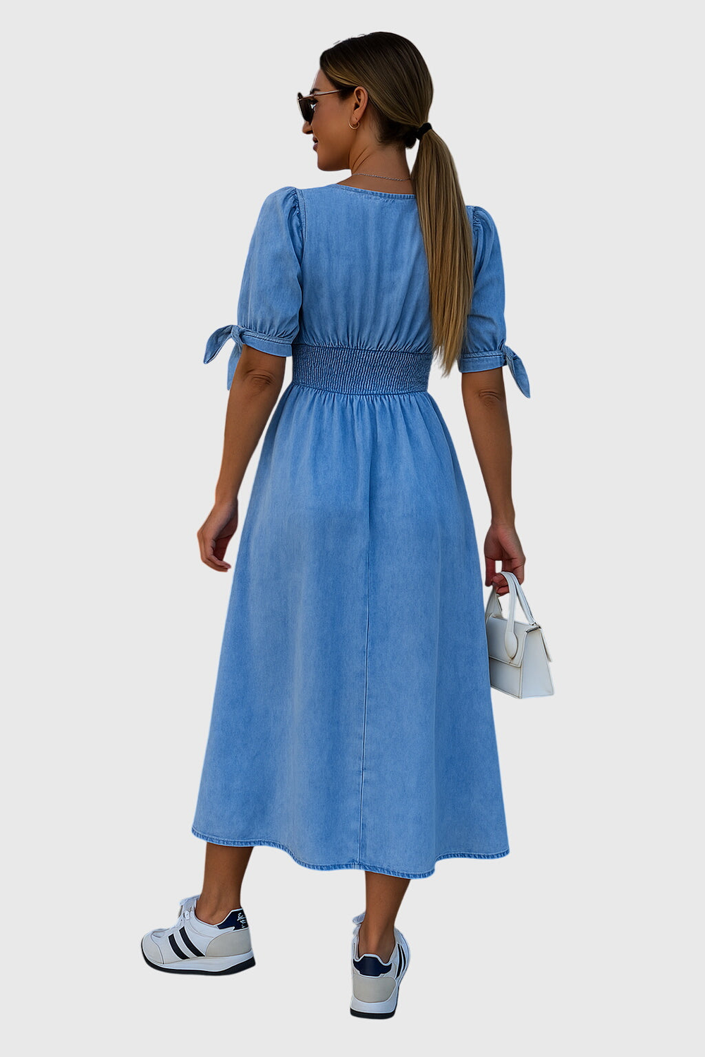 Harlow | Women's Denim V-Neck Tie-Sleeve Button-Front Midi Dress Carol & Margaret Wilmington