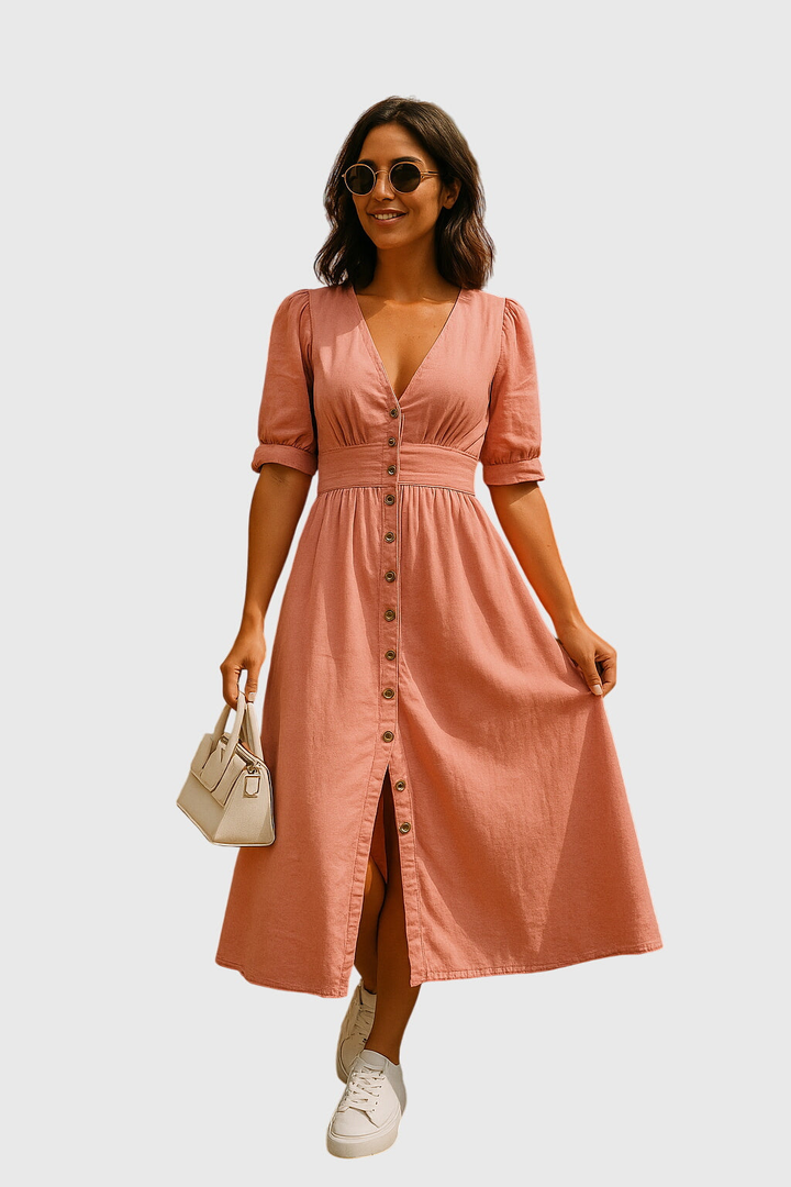 Harlow | Women's Denim V-Neck Tie-Sleeve Button-Front Midi Dress Carol & Margaret Wilmington