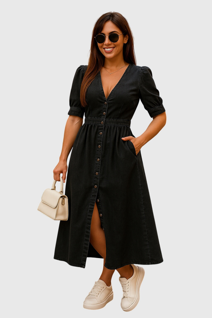 Harlow | Women's Denim V-Neck Tie-Sleeve Button-Front Midi Dress Carol & Margaret Wilmington