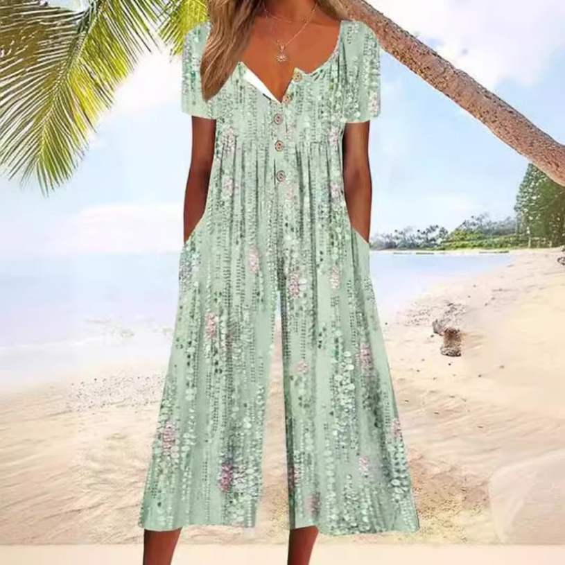 Indra | Women's Cotton Button-Front Short-Sleeve Culotte Jumpsuit Carol & Margaret Wilmington