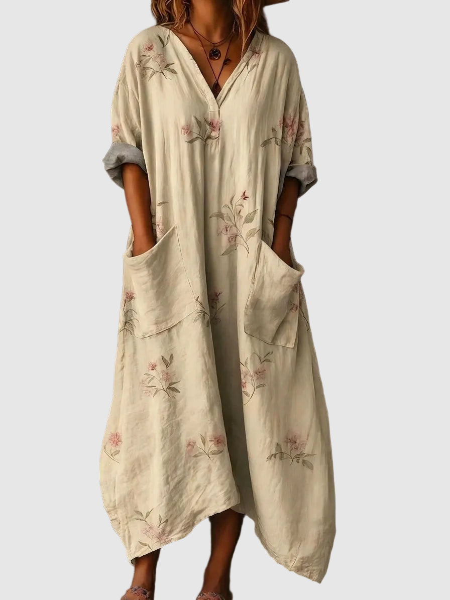Indra | Women's Cotton Boho Print Front Pocket Maxi Dress