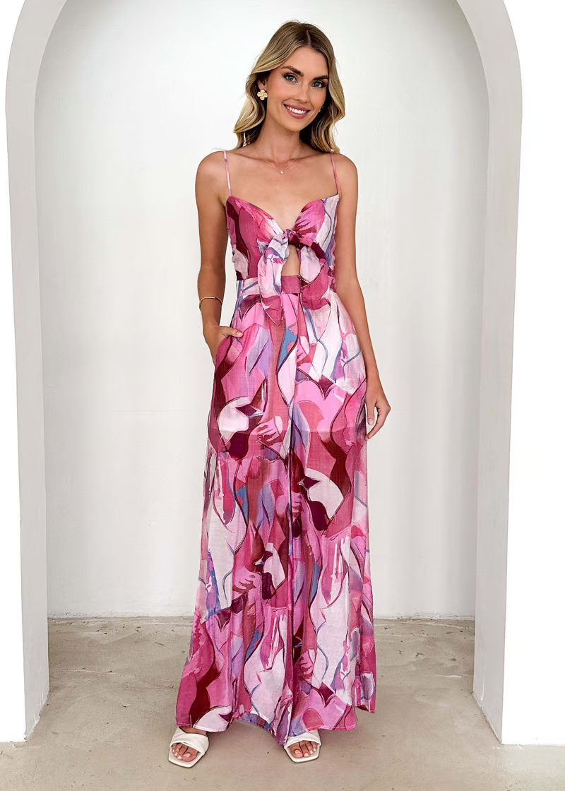 Isadora | Women's Chiffon Abstract Print Tie-Front Cutout Maxi Dress Carol & Margaret Wilmington