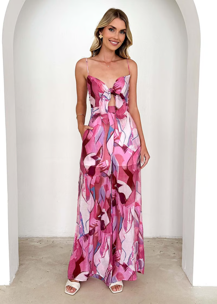 Isadora | Women's Chiffon Abstract Print Tie-Front Cutout Maxi Dress Carol & Margaret Wilmington