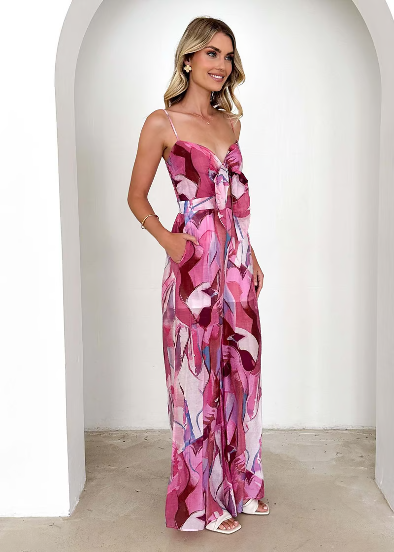 Isadora | Women's Chiffon Abstract Print Tie-Front Cutout Maxi Dress Carol & Margaret Wilmington