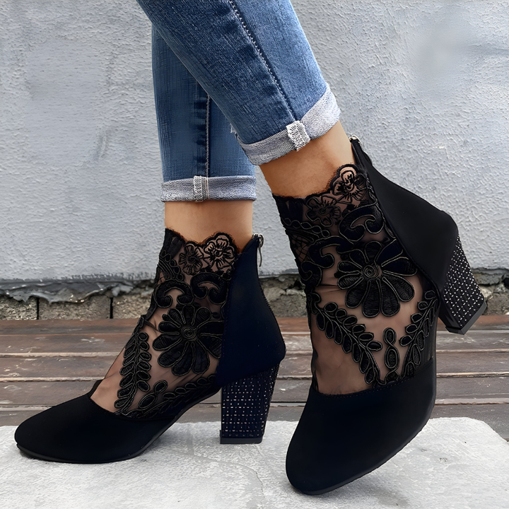 Aviana | Elegant Floral Embroidered Ankle Boots With Block Heel