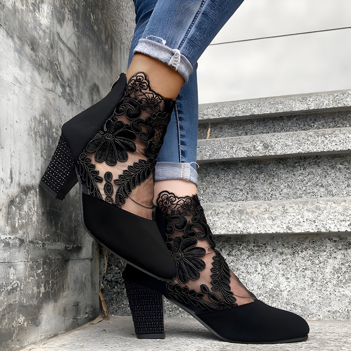 Aviana | Elegant Floral Embroidered Ankle Boots With Block Heel