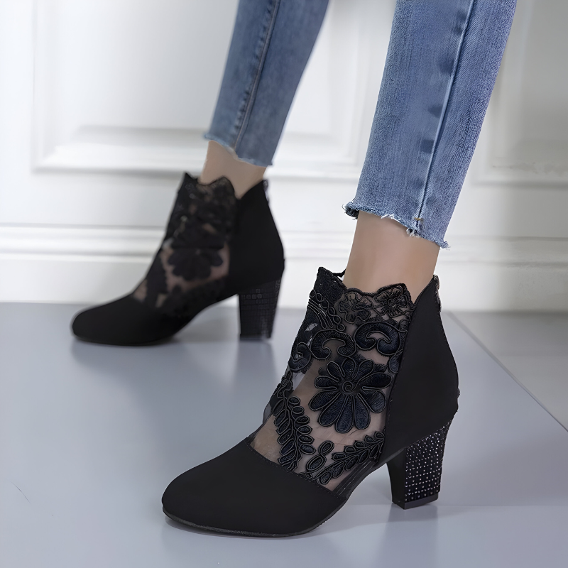 Aviana | Elegant Floral Embroidered Ankle Boots With Block Heel