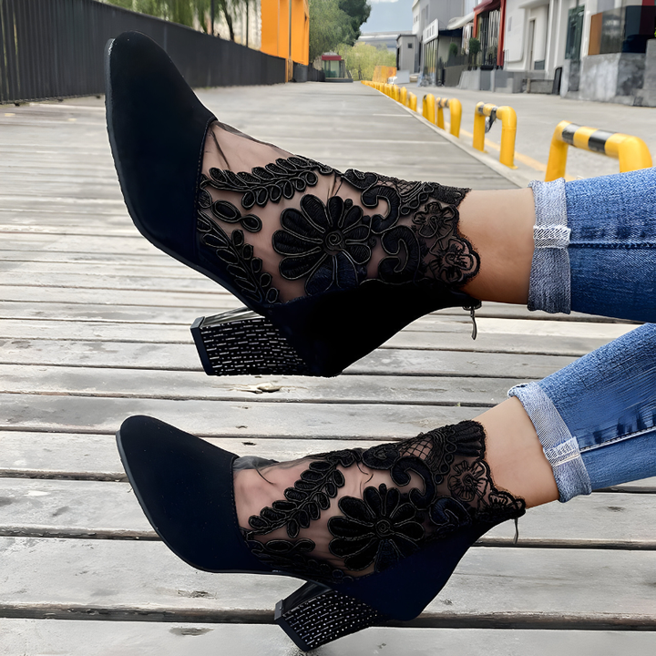 Aviana | Elegant Floral Embroidered Ankle Boots With Block Heel