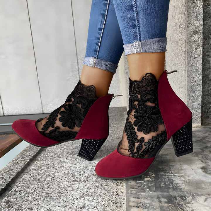 Aviana | Elegant Floral Embroidered Ankle Boots With Block Heel