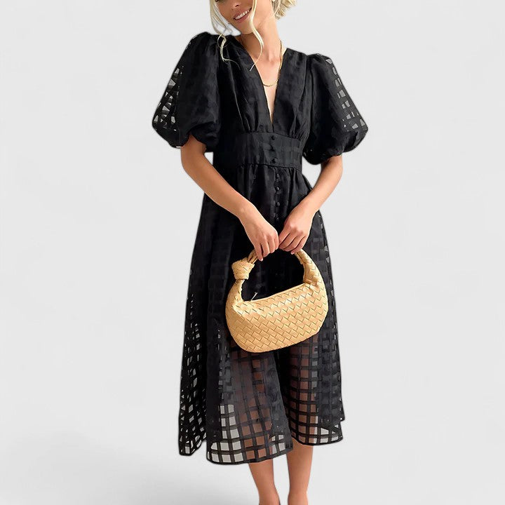 Isolde | Women's Chiffon Grid Puff Sleeve V-Neck Midi Dress Carol & Margaret Wilmington