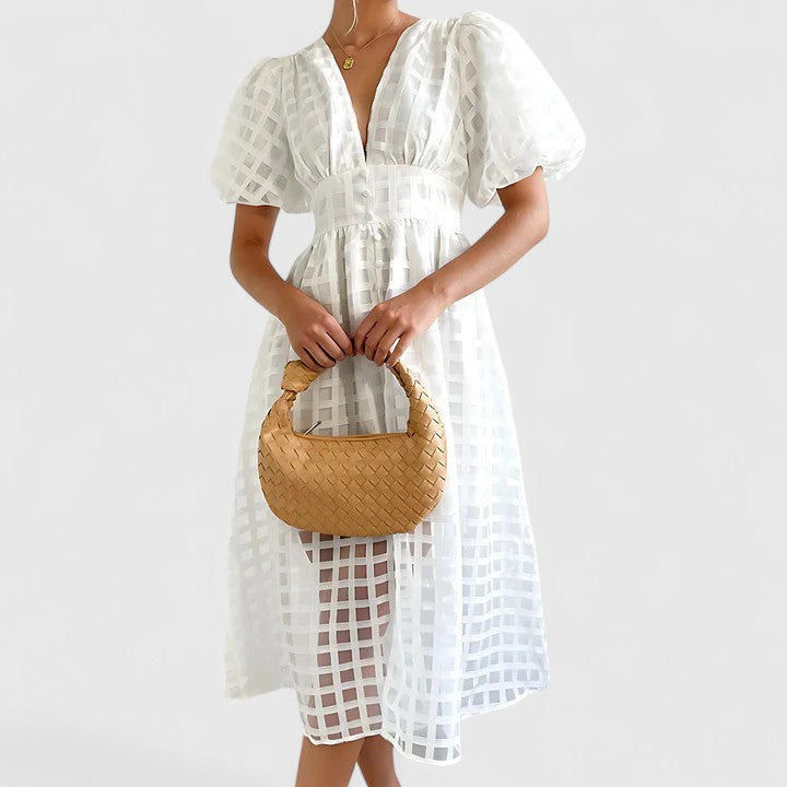 Isolde | Women's Chiffon Grid Puff Sleeve V-Neck Midi Dress Carol & Margaret Wilmington