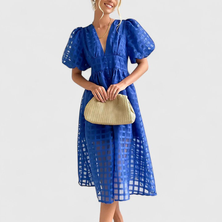 Isolde | Women's Chiffon Grid Puff Sleeve V-Neck Midi Dress Carol & Margaret Wilmington