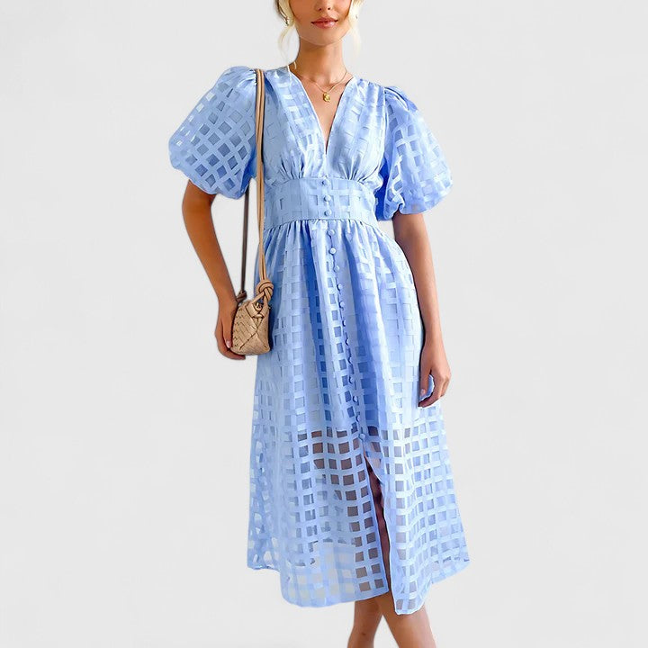 Isolde | Women's Chiffon Grid Puff Sleeve V-Neck Midi Dress Carol & Margaret Wilmington