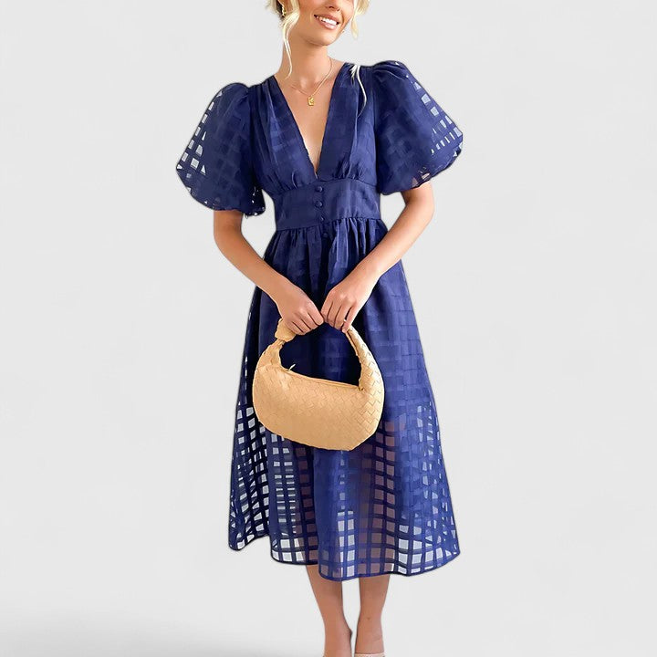 Isolde | Women's Chiffon Grid Puff Sleeve V-Neck Midi Dress Carol & Margaret Wilmington