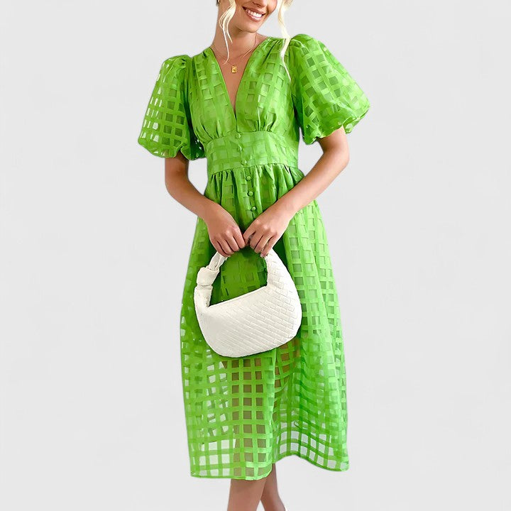 Isolde | Women's Chiffon Grid Puff Sleeve V-Neck Midi Dress Carol & Margaret Wilmington