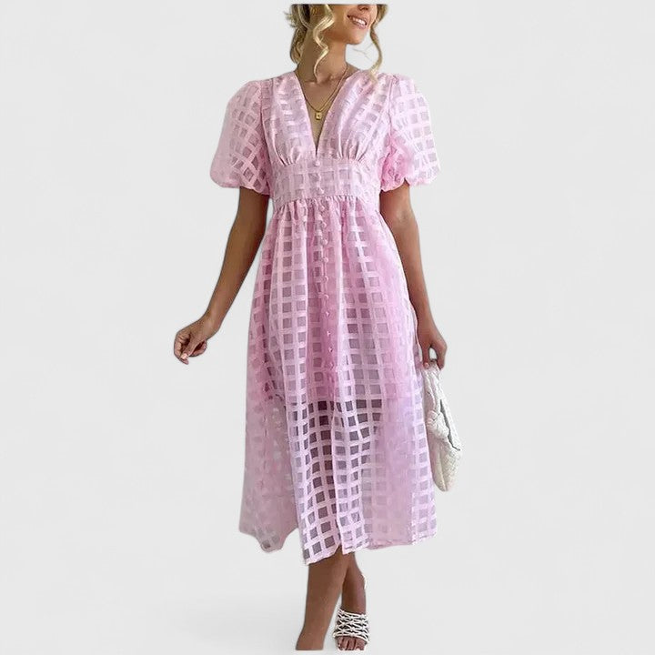 Isolde | Women's Chiffon Grid Puff Sleeve V-Neck Midi Dress Carol & Margaret Wilmington