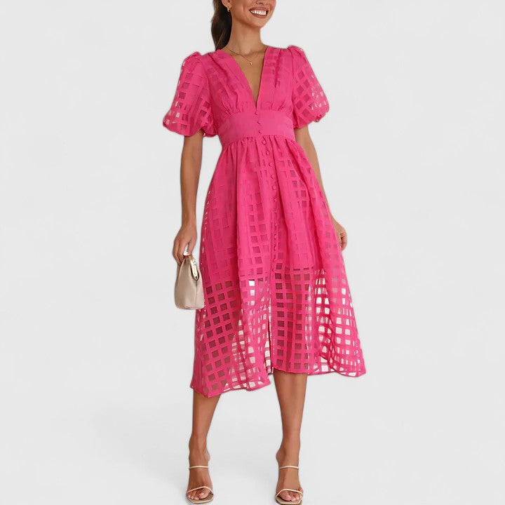 Isolde | Women's Chiffon Grid Puff Sleeve V-Neck Midi Dress Carol & Margaret Wilmington